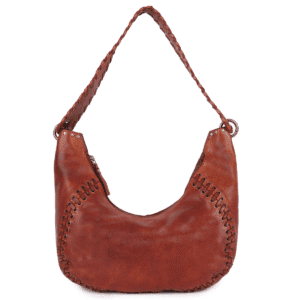 Brown leather handbag with braided handle and handcrafted stitching