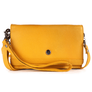 Yellow genuine leather clutch with wrist strap designed by the best leather manufacturer in Kolkata.
