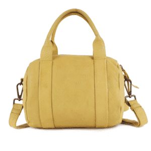 Yellow leather crossbody handbag for women with top handles and detachable shoulder strap.
