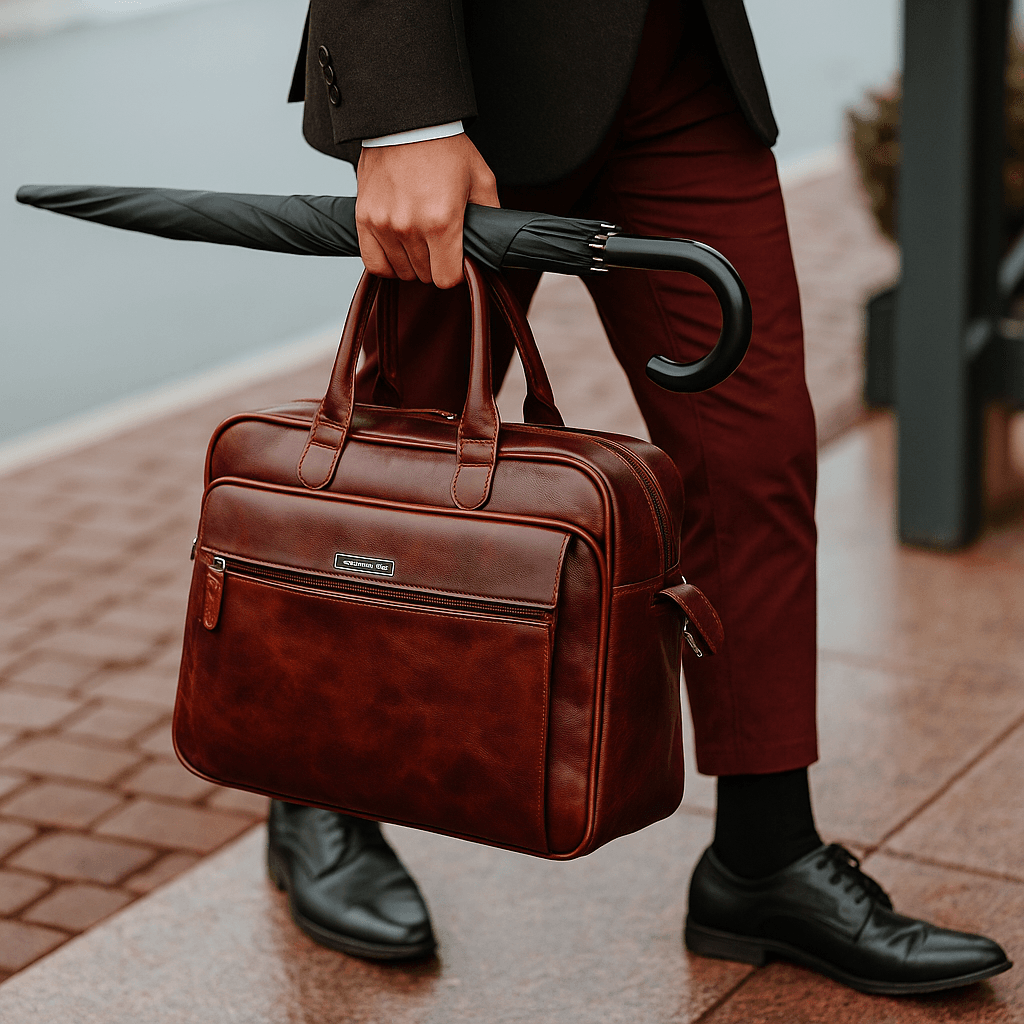 A well-dressed man holding a maroon leather briefcase and a black umbrella, highlighting premium leather goods export from India.