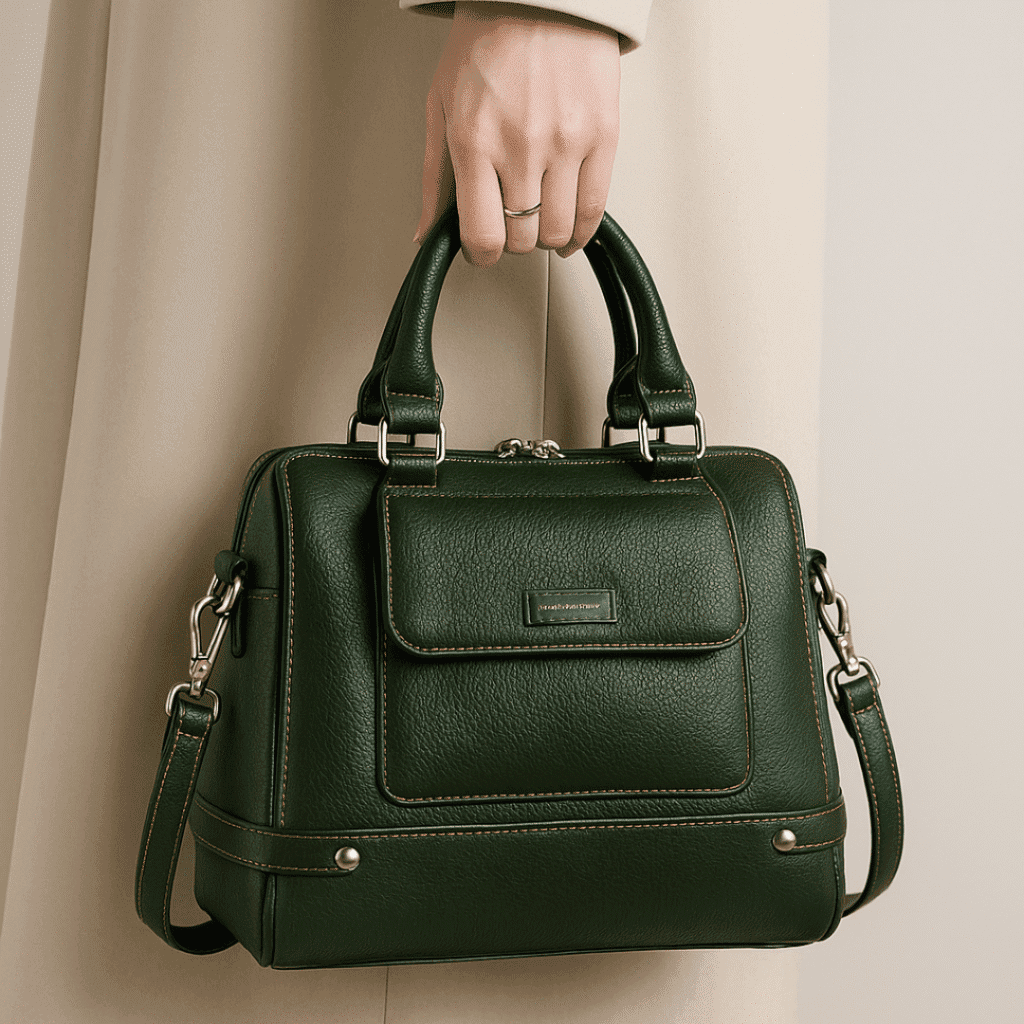 Handcrafted green leather handbag with dual handles, designed by a leather bags manufacturer in India, perfect for luxury lifestyle and travel.