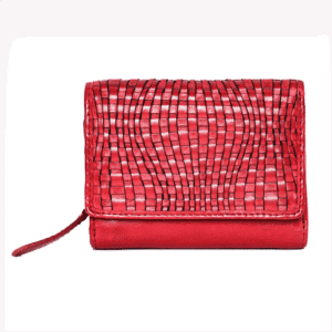 Red handcrafted leather wallet with textured weave pattern, made by a leather wallet manufacturer.