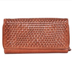 Handwoven tan brown leather wallet with flap design, crafted from premium leather goods.