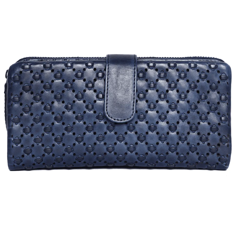 Navy blue laser-cut leather purse with snap closure made by top purse manufacturer