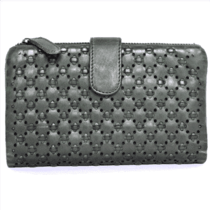 Handcrafted green leather wallet from India with intricate laser-cut detailing and snap closure