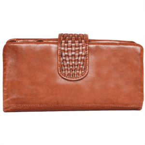 Elegant brown WildWoodNest women's wallet with a woven leather flap and premium finish