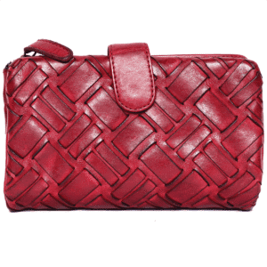 Elegant red WildWoodNest leather wallet for women with a bold woven pattern and sleek tab closure