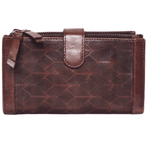 Handcrafted brown leather wallet with geometric embossed pattern, featured on premium leather websites