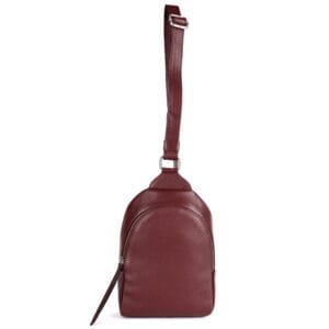 Maroon unisex leather crossbody bag with adjustable strap and zip closure