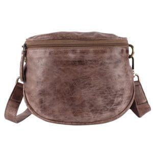 Distressed brown leather waist bag with curved shape, wide strap, and zippered top closure