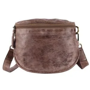Distressed brown leather waist bag with curved shape, wide strap, and zippered top closure