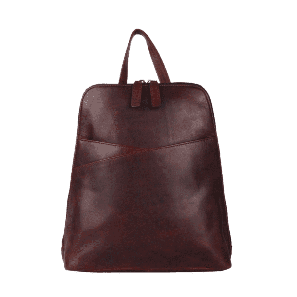 Minimalist dark brown leather backpack with sleek panel design – product by one of the top leather backpack companies.
