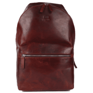 Rich brown leather goods backpack with front zipper pocket and minimalist design.