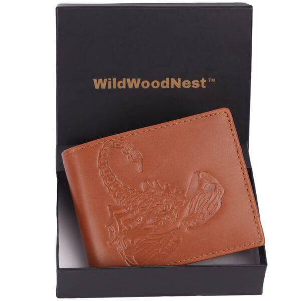 WildWoodNest Scorpion Embossed Tan Leather Bifold Wallet for Men - Image 3