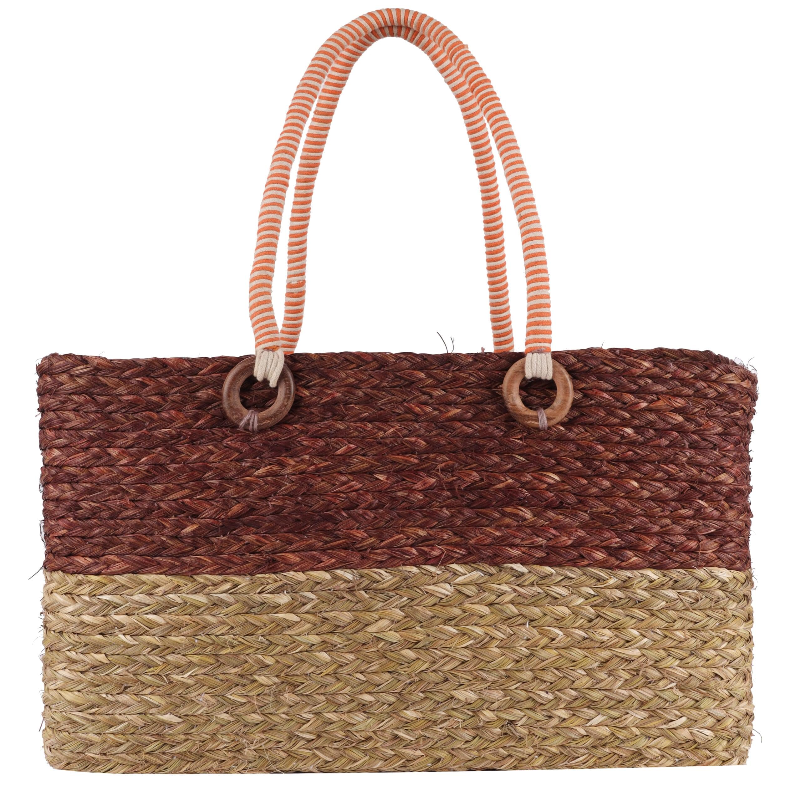 Two-tone handwoven jute basket with striped handles and round wooden rings