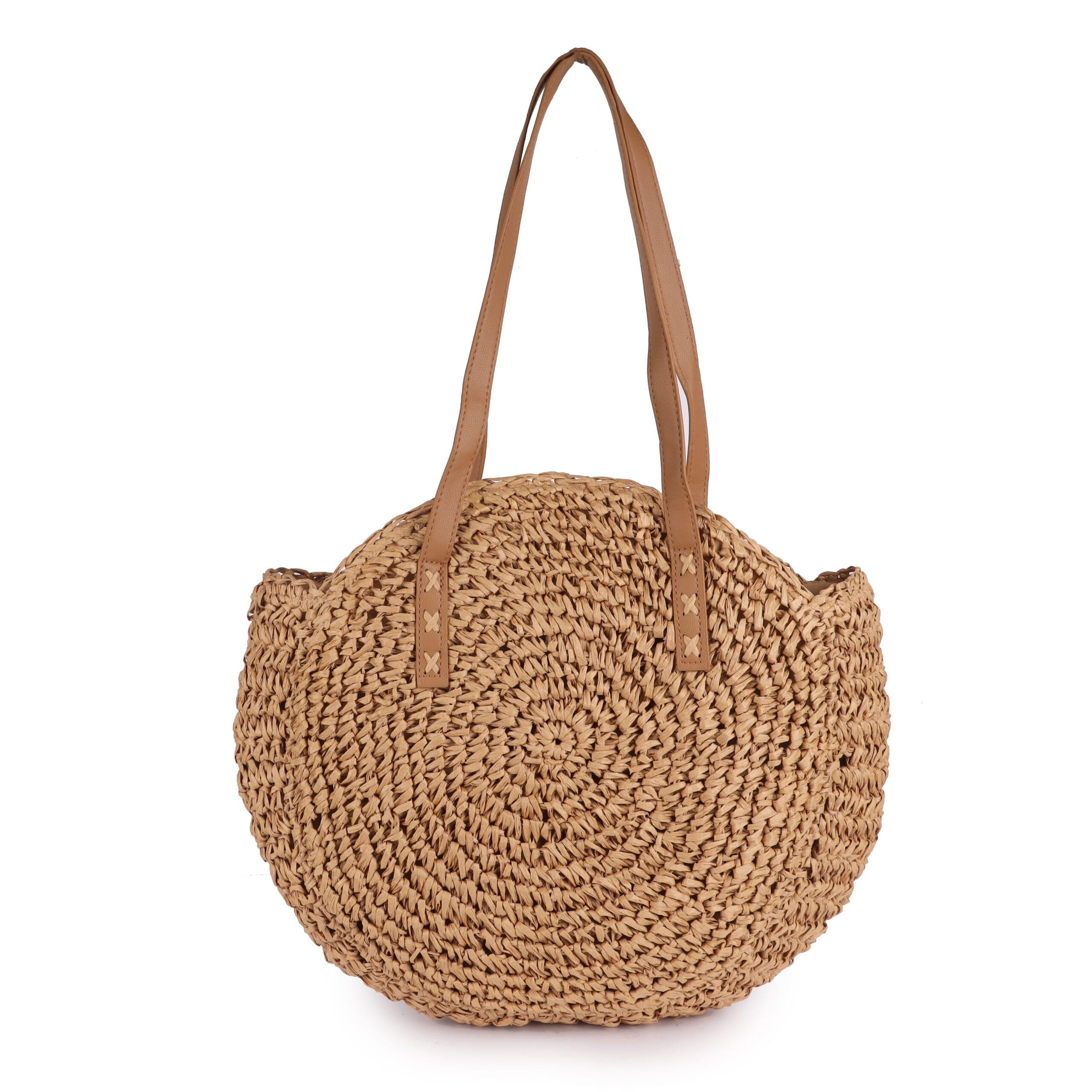 Round woven custom jute tote bag with leather handles in a spiral weave pattern
