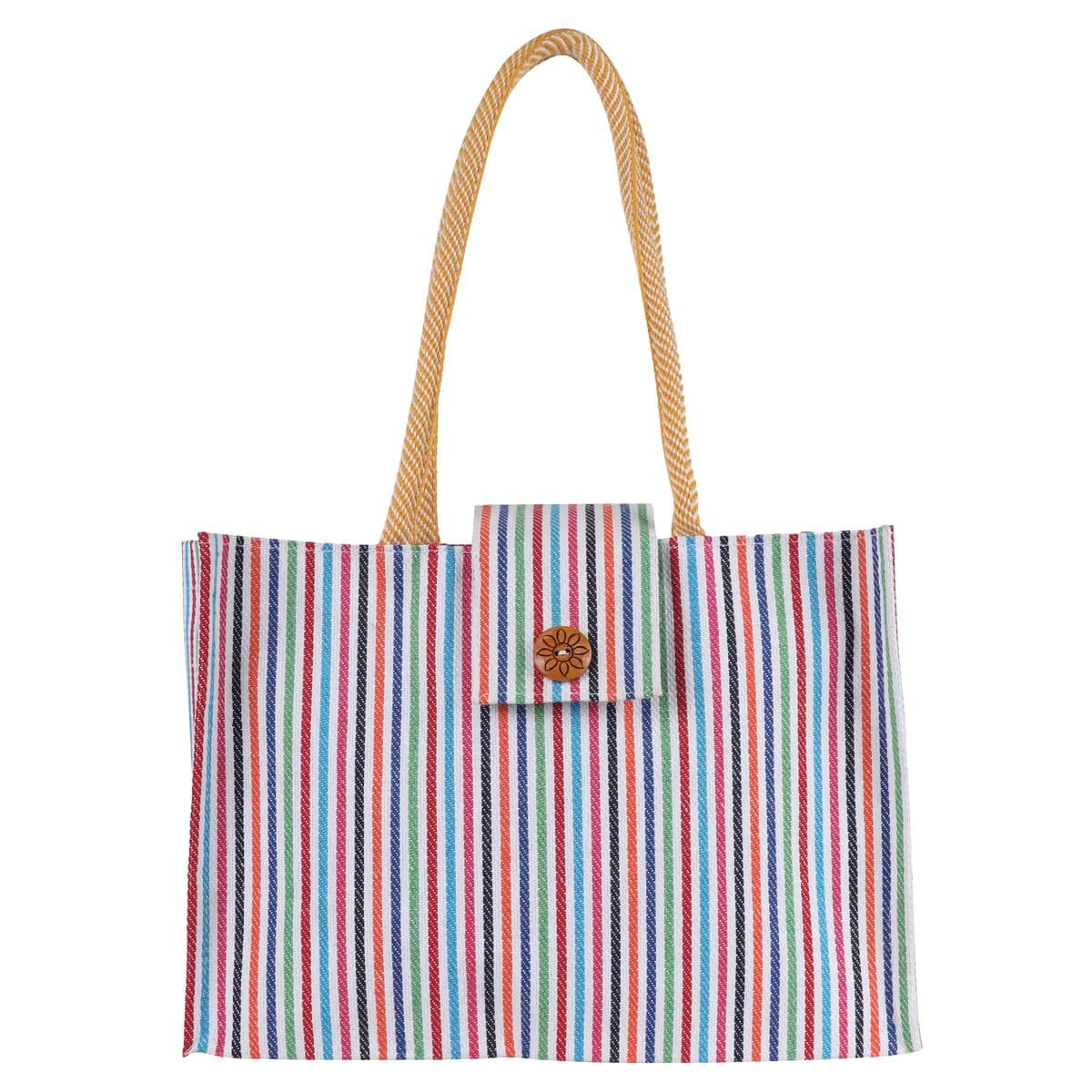 Striped cotton shopping bag with multicolor vertical lines and wooden button flap closure