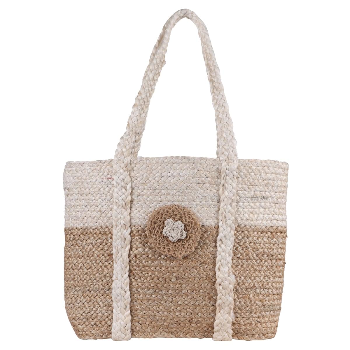 Custom handmade handbag in jute with braided handles and flower detail